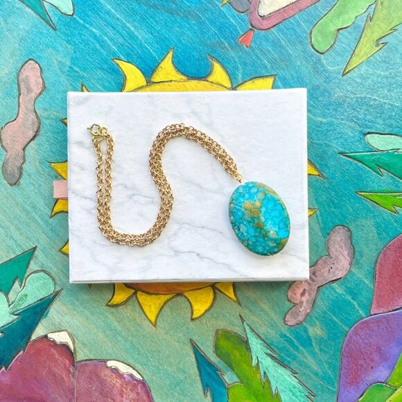 Turquoise Marble Stone Pendant on Gold Chain Necklace - Picture 2 of 6